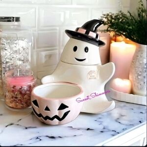 Halloween GHOST Cookie Jar Treat Canister w/Attached Pink PUMPKIN Candy Bowl New